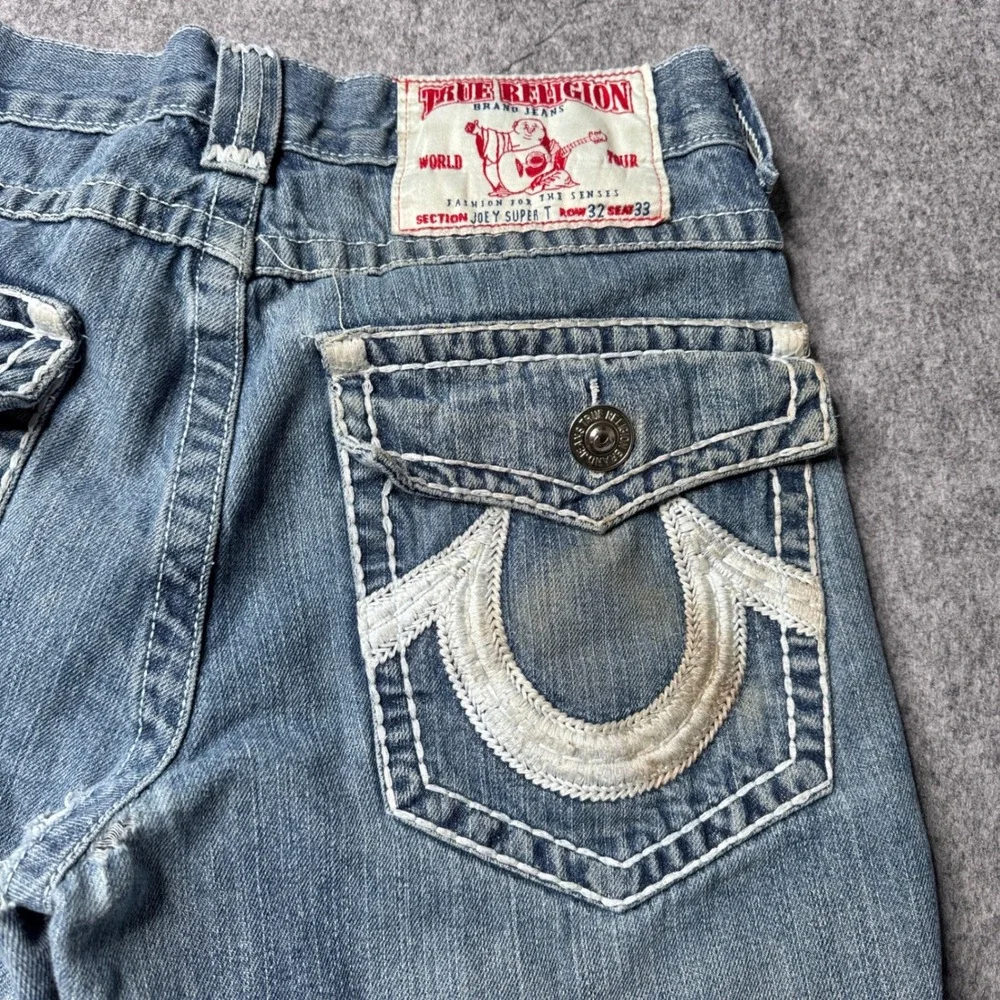 True Religion Joey Super T Mens 32 Blue Wash Straight Leg Jeans USA Made FLAW